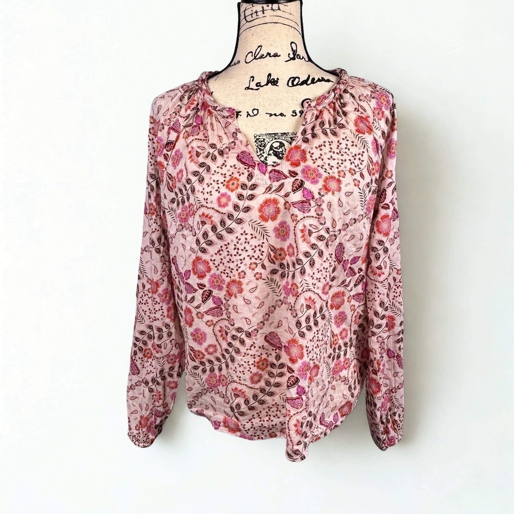 Charlie B Tunic Pink Floral Paisley Cotton Ruffle V-Neck C4570P-144C Sz L Airy